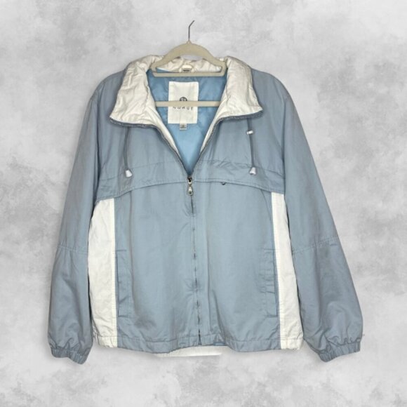 80s 90s Vintage NUAGE Powder Blue White High Neck Zip Windbreaker Jacket Large - Picture 14 of 16